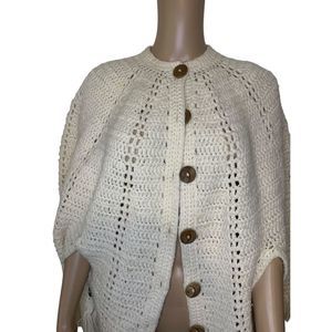 Handmade Cream Knit Crocheted Cape Shawl with Wooden Buttons One Size